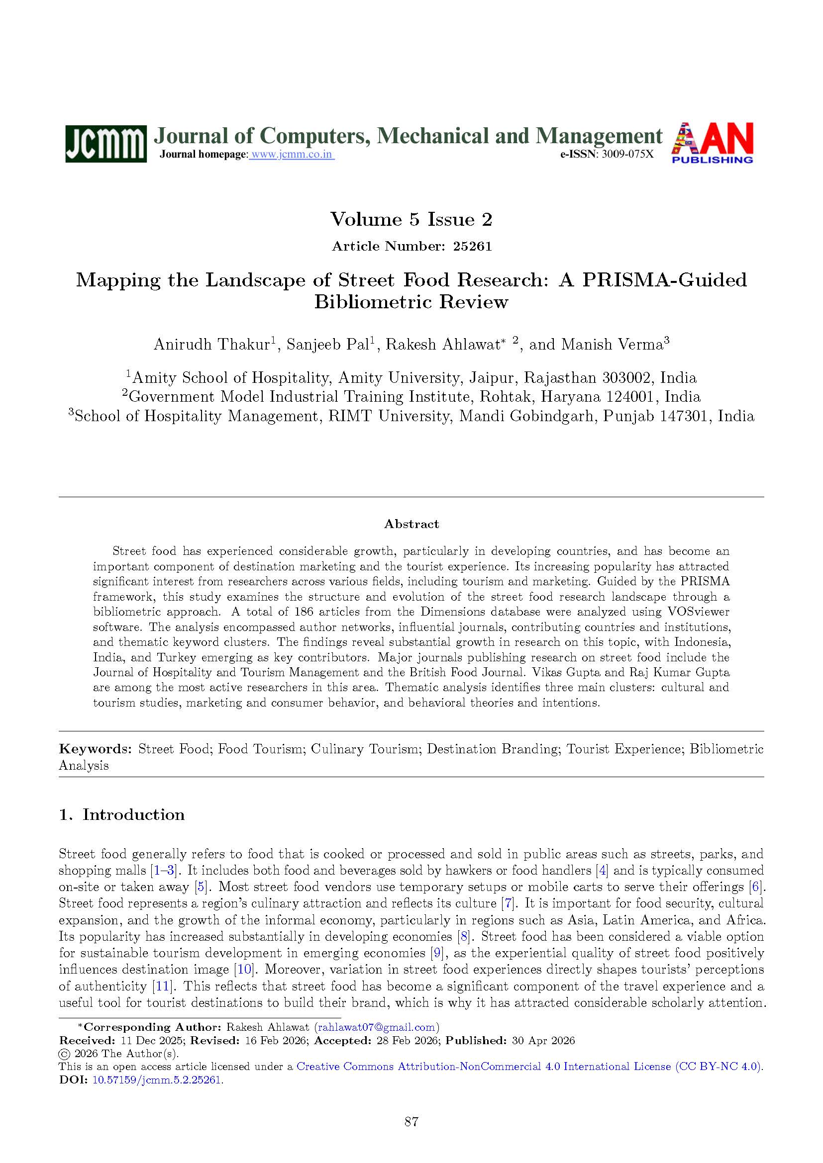 JCMM Volume 5 Issue 2 cover, Article Number 25261: Mapping the Landscape of Street Food Research