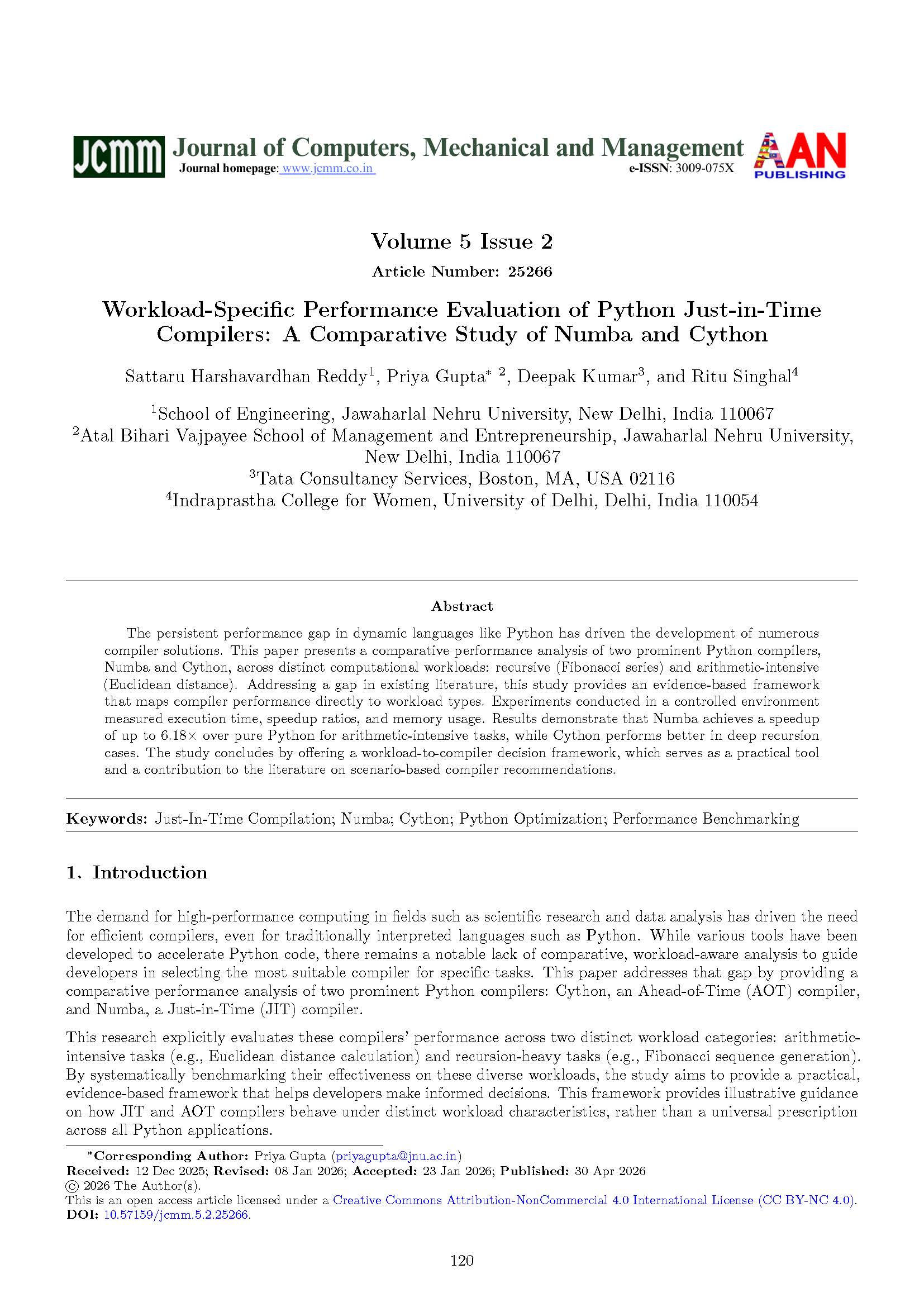 JCMM Volume 5 Issue 2 cover, Article Number 25266: Workload-Specific Performance Evaluation of Python Just-in-Time Compilers