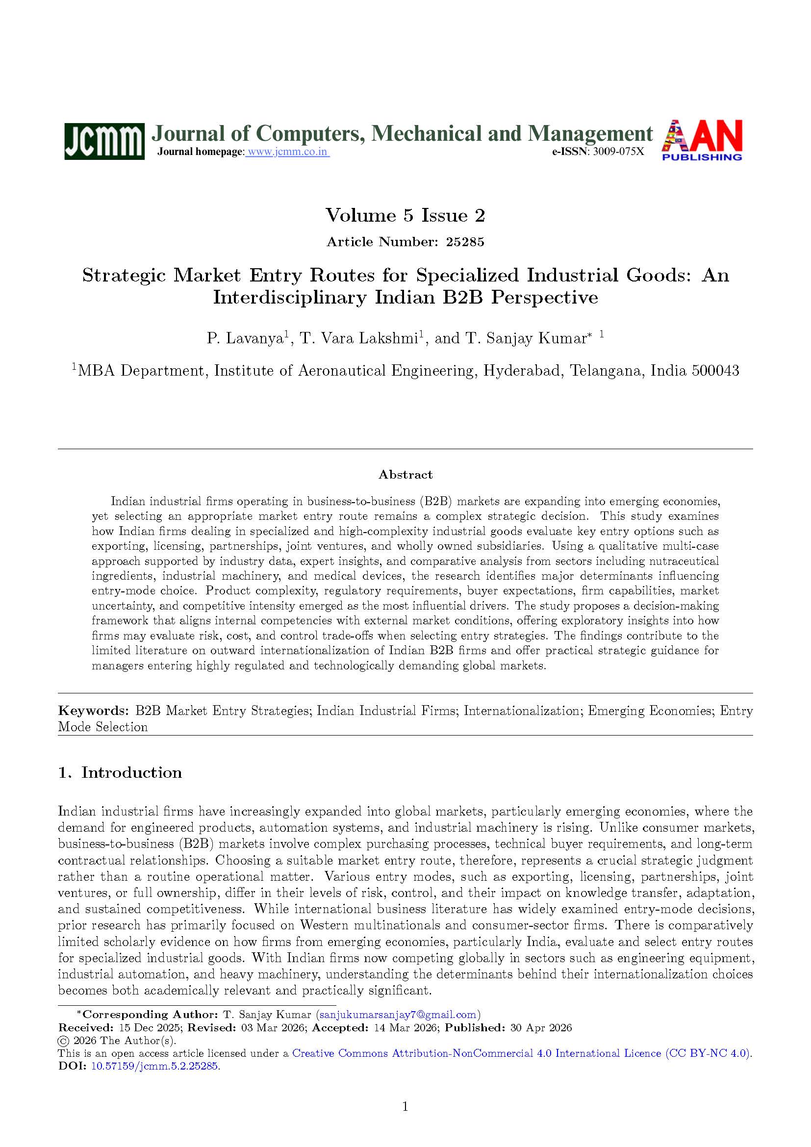 JCMM Volume 5 Issue 2 cover, Article Number 25285: Strategic Market Entry Routes for Specialized Industrial Goods