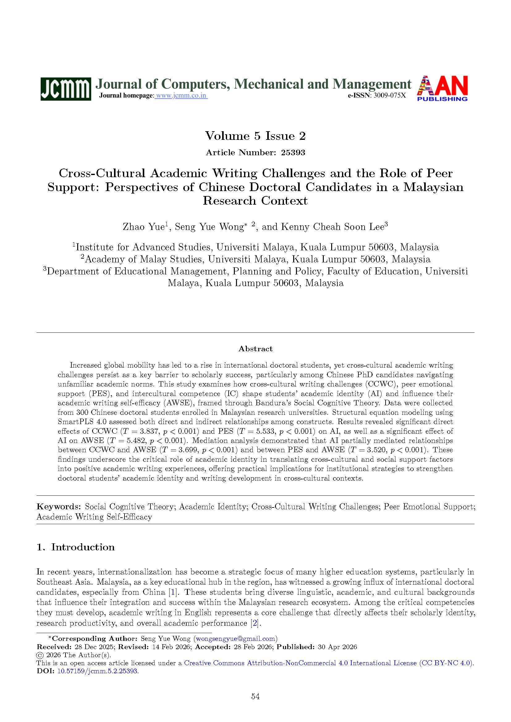 JCMM Volume 5 Issue 2 cover, Article Number 25393: Cross-Cultural Academic Writing Challenges and the Role of Peer Support