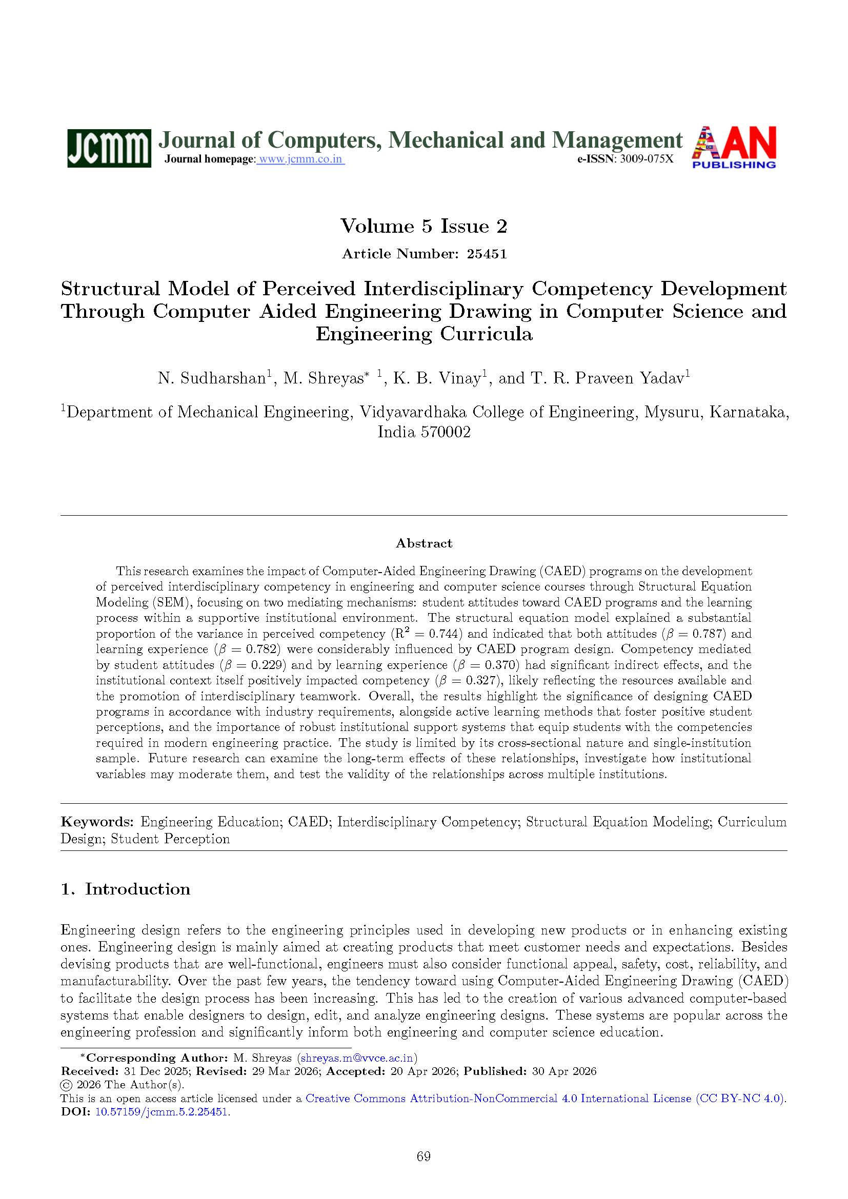 JCMM Volume 5 Issue 2 cover, Article Number 25451: Structural Model of Perceived Interdisciplinary Competency Development Through CAED