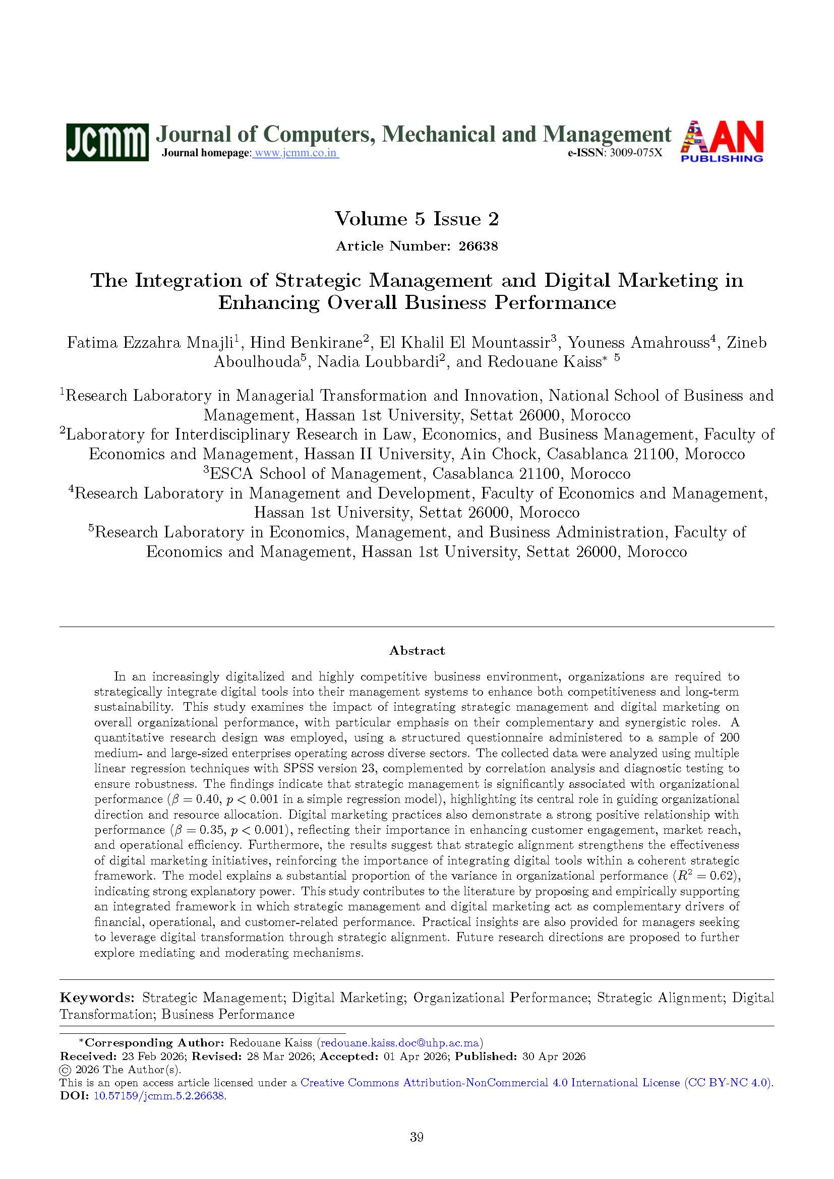 JCMM Volume 5 Issue 2 cover, Article Number 26638: The Integration of Strategic Management and Digital Marketing in Enhancing Overall Business Performance